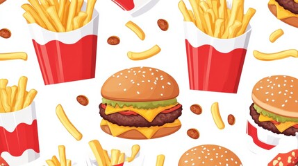 Colorful Fast Food Pattern with Burgers and French Fries on White Background