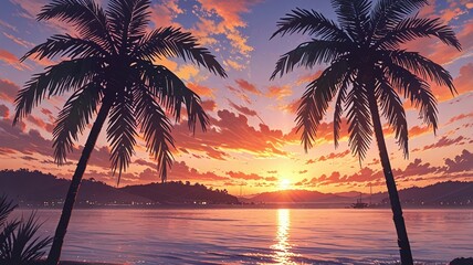 Sunset on the tropical beach in Anime style Background