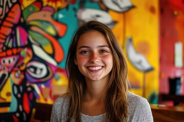 Naklejka premium Smiling young woman at restaurant