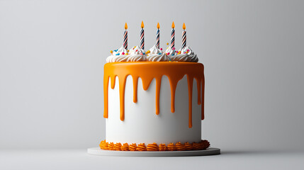colourful white and orange birthday cake with candles again grey background