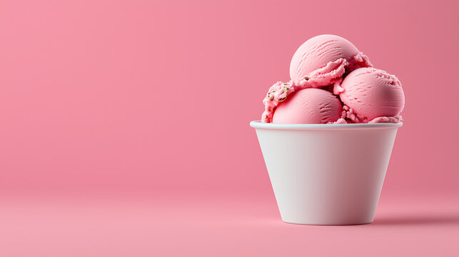white bowl of smooth, creamy gelato in flavors like strawberry, ice cream balls, pink background with copy space