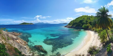 Fototapeta premium Stunning Tropical Beach with Clear Blue Water and Lush Green Hills under Bright Blue Sky in a Scenic Paradise Landscape