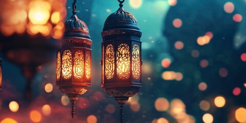 Lit Lanterns: Captivating focus on glowing lanterns, illuminating the night with a warm and inviting ambiance, suggestive of a festival celebration and the spirit of togetherness.