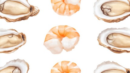 Colorful Flat Lay of Fresh Shrimp and Oysters on White Background for Culinary Concepts