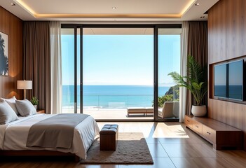 Fototapeta premium Lavish Coastal Living: Beachfront Luxury Home with Minimalist Interiors, Panoramic Ocean Views, Modern Design, and Elegant Architectural Style.