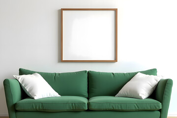 green fabric sofa There were three pillows on the sofa. Behind the sofa was an empty wooden picture frame.