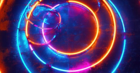 Obraz premium Dynamic neon circle composition interwoven orbits bright orange cyan ultraviolet high contrast lighting sleek metallic grainy texture
