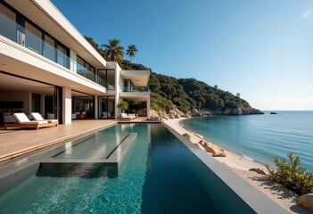 Fototapeta premium Minimalist Beachfront Luxury: Lavish Home with Panoramic Views, Modern Architecture, Elegant Interior Design, Coastal Living, and Serene Oceanfront Setting.