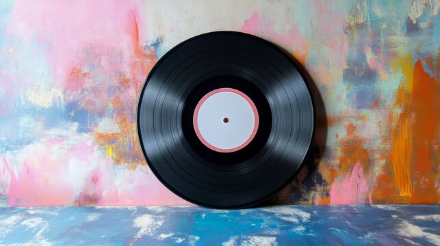 Vinyl Record on Colorful Artistic Painted Background Music Album Cover 