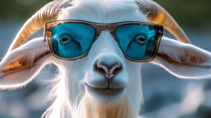 Goat wearing sunglasses and smiling. The goat is wearing a pair of blue sunglasses and has a blue reflection in its eyes