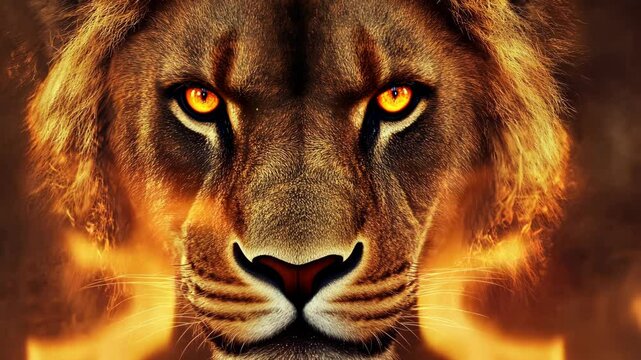 Fierce lion portrait with glowing eyes surrounded by flames in a dramatic setting