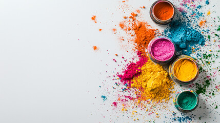 A high-energy Holi festival flatlay with scattered colorful powders (gulal) on a white canvas, with space in the middle for playful, celebratory typography.