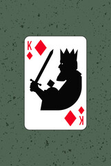King, Diamonds suit. Poker gambling playing printable card. Vector illustration. Cartoon character silhouette. A man with a beard, a crown and a sword. Design number 2.
