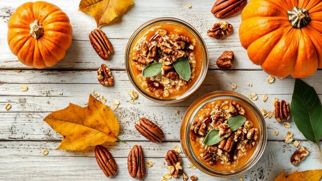 Delicious pumpkin dessert with pecans and autumn leaves on rustic wooden table