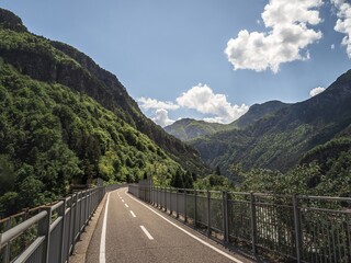 A winding cycling path with a metal railing leads through lush green mountains under a partly cloudy sky. The scenic route offers a peaceful ride through the Italian Alps near Tarvisio.