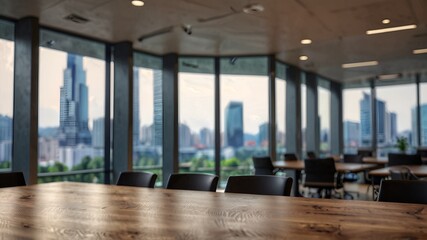 🏢✨ Modern Business Office – Open Space with Wooden Table, Blurred Bokeh Background, Panoramic Windows, Natural Lighting, Contemporary Workplace, Professional Interior, Corporate Workspace Design