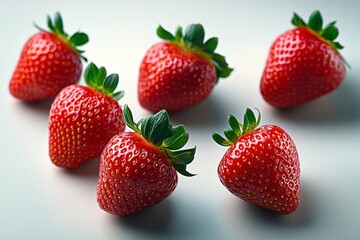Close up of five red strawberries. The strawberries are all the same size and shape. They are arranged in a row on a white background