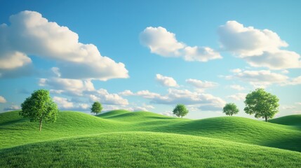 Obraz premium illustration of Summer fields landscape with a dawn,Rainbow, green grass hills, bright color blue sky, country background,banner resting vacation.