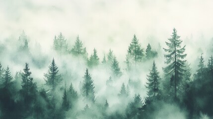Fototapeta premium Watercolor of landscape forest misty mountains horizon and fog and hills,pine tree fir tree,Autumn forest background,drawn by hand,Autumn illustration design elements for landscape,wallpaper.