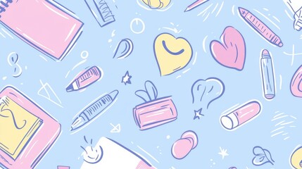 Colorful Hand-Drawn Stationery Pattern with Pens, Hearts, and Fun Elements
