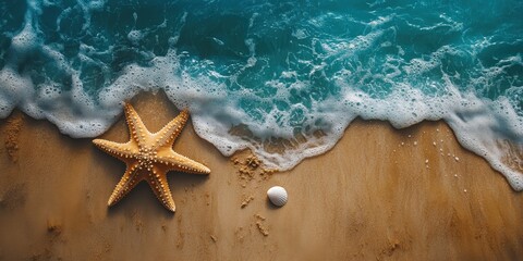 A serene top-down view of a sun-kissed sandy beach, featuring a delicate light brown starfish turning right amidst natural beauty and tranquility