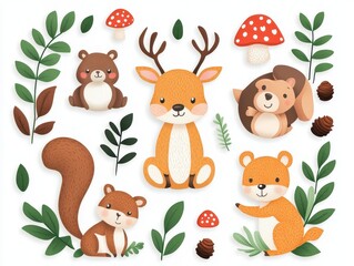 Naklejka premium Cute woodland animals including a deer, bear, squirrel, and hedgehog surrounded by foliage and mushrooms