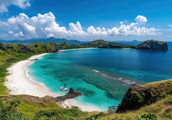 Tranquil Tropical Beach with Shoreline, Turquoise Water, Lush Green Hills, and Scenic Blue Sky with Fluffy Clouds in Indonesia's Breathtaking Landscape