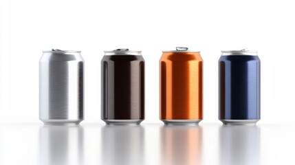 Colorful Metallic Cans Displayed in a Row on a Bright Surface with a Minimalist Design for Beverage Concept