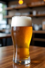 A glass of cold beer on wood table with blurred bar background. Beer mug. Refreshment and party concept. Alcohol beverage menu