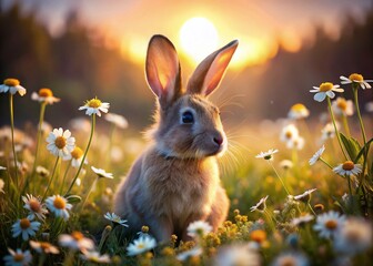 Cute Bunny Rabbit in Daisies at Sunset - Adorable Springtime Stock Photo