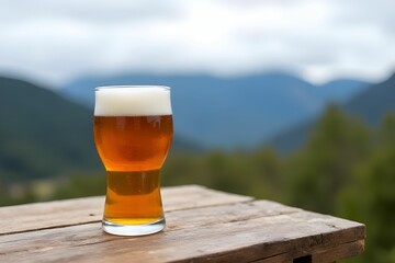 A glass of cold beer on wood table with blurred mountain background. Beer mug. Refreshment and party concept. Alcohol beverage menu
