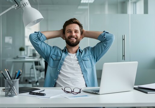 content office worker leaning back with hands behind head