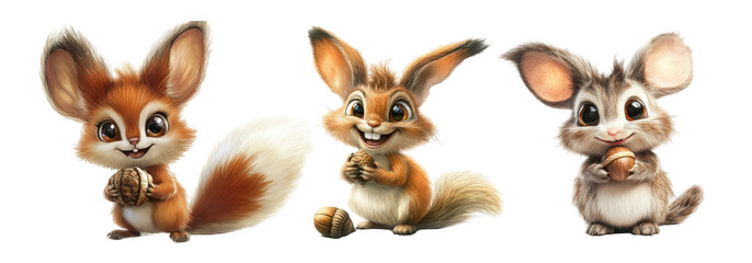 Obraz premium Adorable cartoon rabbits with big eyes, cheerful expressions, holding nuts.