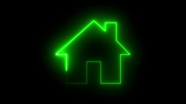 Home button icon animation by neon on black background. Neon home button icon animation, shiny symbol. glowing House, home building animation