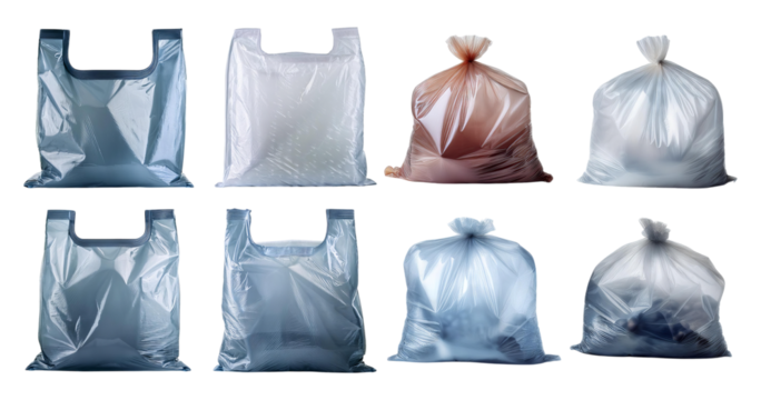 Different Types of Plastic Bags and Trash Bags Isolated on White Background, Bundle Set Collection, Isolated on Transparent Background
