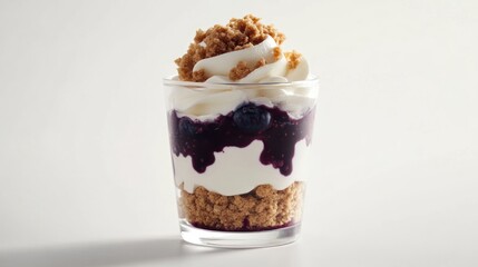 Delectable blueberry crumble parfait layered in glass cup on white backdrop