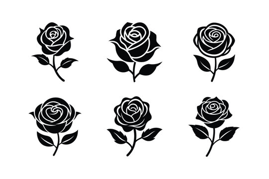 Elegant black rose silhouette icons, set of 6 minimalist floral vector illustrations in EPS format, decorative rose flower blossom graphics with stems and leaves for wedding invitations, logo.