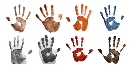 Obraz premium Diverse Handprints in Various Colors on a White Background, PNG bundle collection, Isolated on Transparent Background