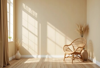 Empty beige wall in a boho room with a wicker armchair and vase. Natural daylight from a window creates a warm promotion background.