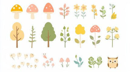 Fototapeta premium Colorful Illustrations of Mushrooms, Flowers, Trees, and Owl for Nature Themes