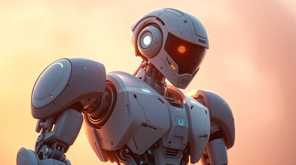 Fototapeta premium Futuristic humanoid robot with glowing red eye at sunset.