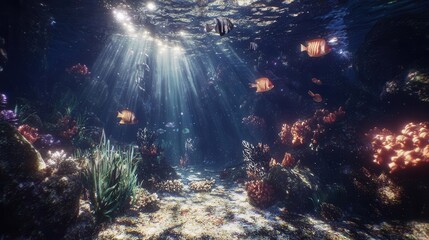 Underwater Scene Sunbeams Illuminate Vibrant Coral Reef and Fish