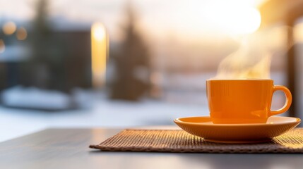 Vibrant Orange Coffee Cup on Table with Steam Against Soft Focus Winter Sunset Background