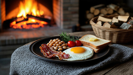 Cozy Breakfast with Bacon, Egg, and Beans by a Fireplace – Rustic Dining Photo