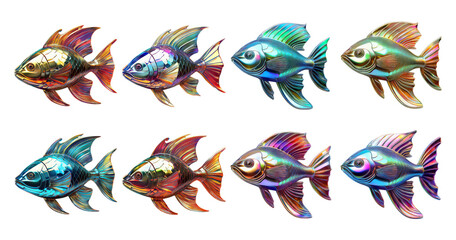 Colorful Decorative Fish in Various Poses and Vibrant Hues, PNG bundle collection, Isolated on Transparent Background