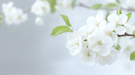 Obraz premium Close-up of delicate white flowers on a branch against a soft background, evoking tranquility and natural beauty.