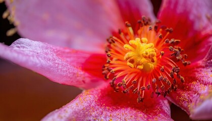 Macro shot of a tropical flower&rsquo;s stamen, highlighting the pollen grains and rich, vibrant colors, with fine details of the delicate filaments and their intricate texture.
