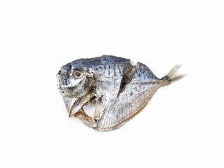 Dried salted fish isolated on white background, top view 