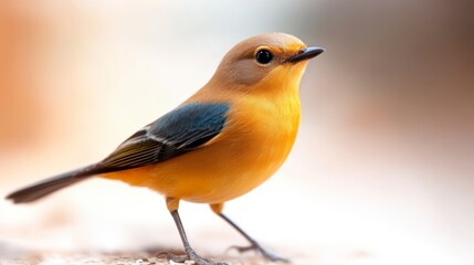 Obraz premium Vibrant Small Bird with Yellow and Blue Feathers on a Soft Blurred Background in Natural Habitat