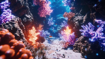 Obraz premium Vibrant Coral Reef Underwater Scene Colorful Coral Formations and Tropical Fish